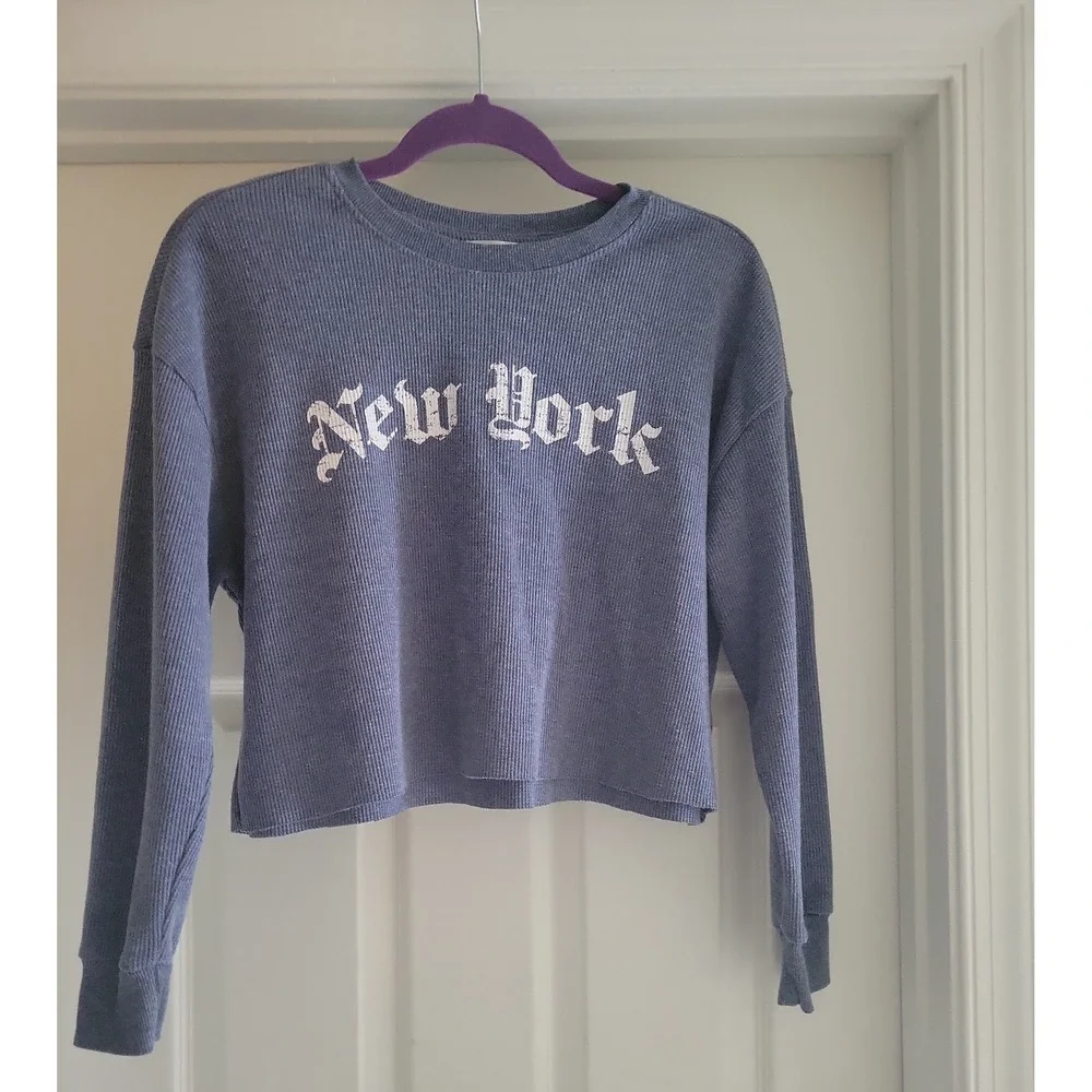 Pink Rose Kids Blue New York Graphic Thermal Waffle Knit Cropped Top Small